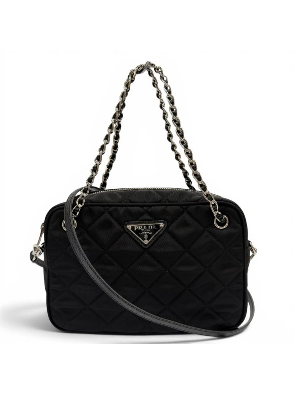 Prada Tessuto Impuntu Triangle Logo Leather Usage 2-Way Shoulder Bag Black